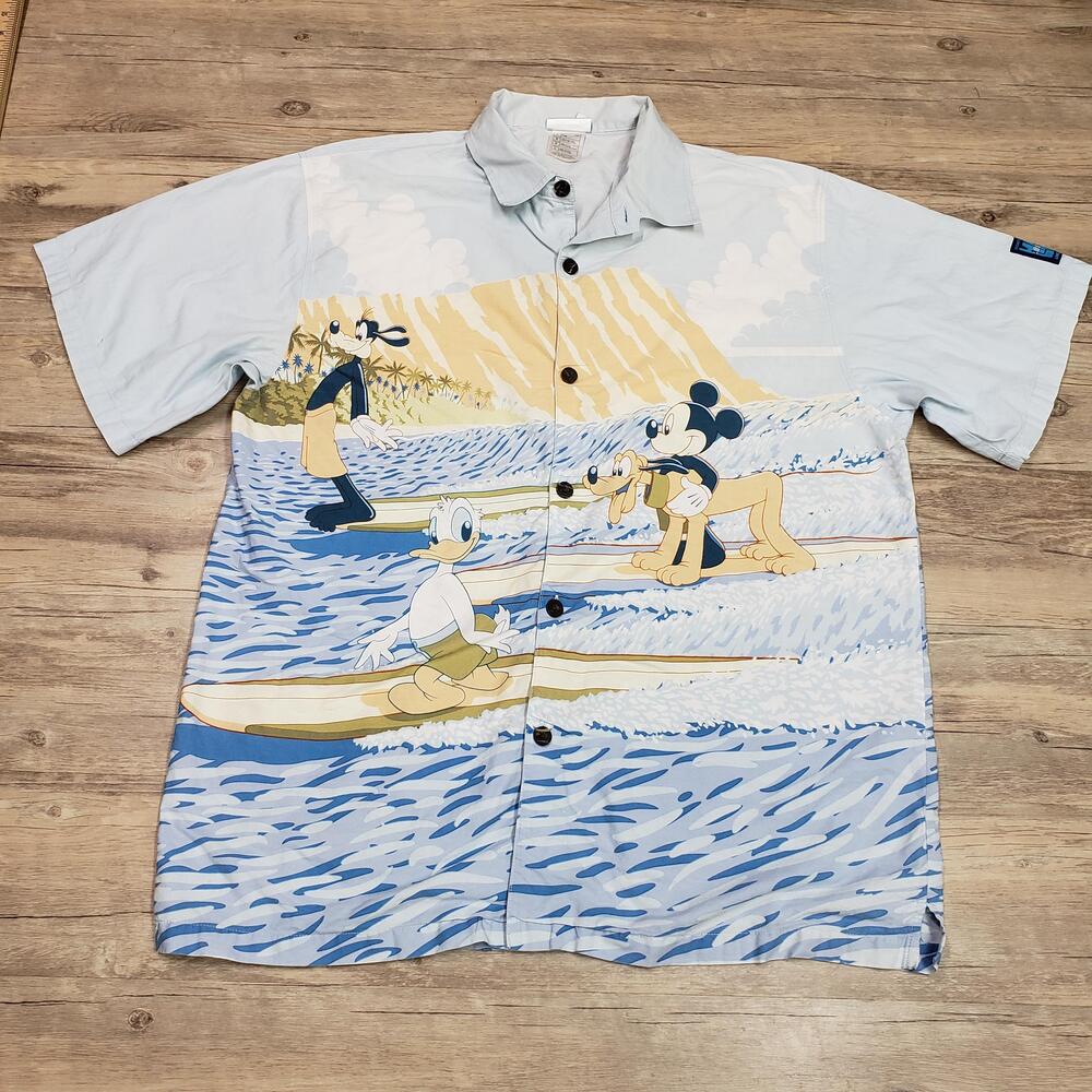 Disneyland Resort Shirt Mens L Multicolor Hawaiian Mickey Donald Goofy Surfing